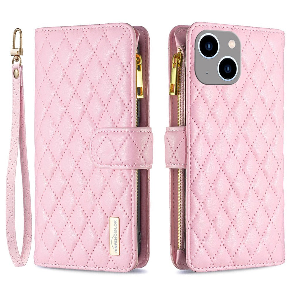 BINFEN COLOR til iPhone 14 Plus 6,7 tommer BF Style-15 Anti-fald Lynlåslomme Med Præget Rhombus Mønster Flip Stand Mat PU Læder Pung Cover