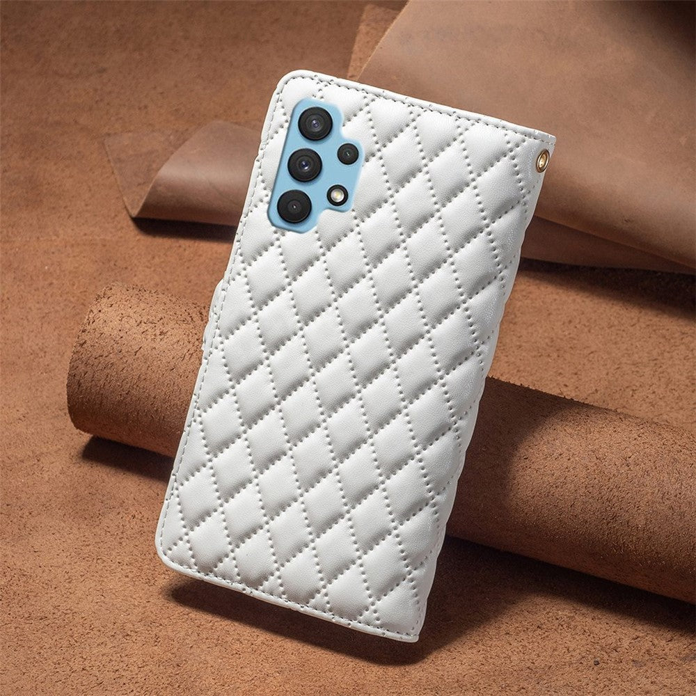 BINFEN COLOR for Samsung Galaxy A32 4G (EU Version) BF Style-15 Rhombus Pattern Imprinted Protective Case with Zipper Pocket Stand Matte PU Leather Wallet Cover
