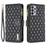 BINFEN COLOR för Samsung Galaxy A72 4G / 5G BF Style-15 Stöttåligt fodral med präglat rombmönster och dragkedja i ficka, stativ, matt PU-läder, plånboksfodral