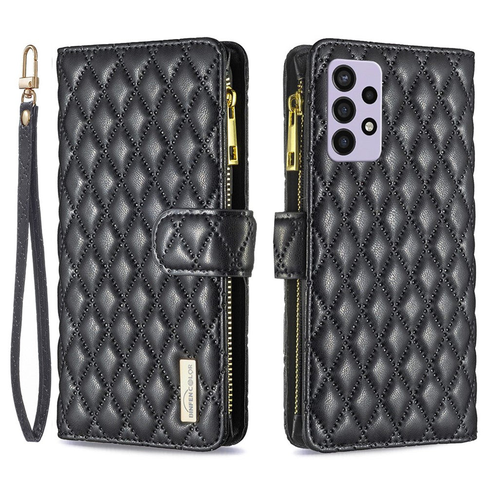 BINFEN COLOR för Samsung Galaxy A72 4G / 5G BF Style-15 Stöttåligt fodral med präglat rombmönster och dragkedja i ficka, stativ, matt PU-läder, plånboksfodral