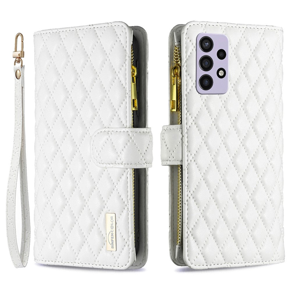 BINFEN COLOR för Samsung Galaxy A72 4G / 5G BF Style-15 Stöttåligt fodral med präglat rombmönster och dragkedja i ficka, stativ, matt PU-läder, plånboksfodral