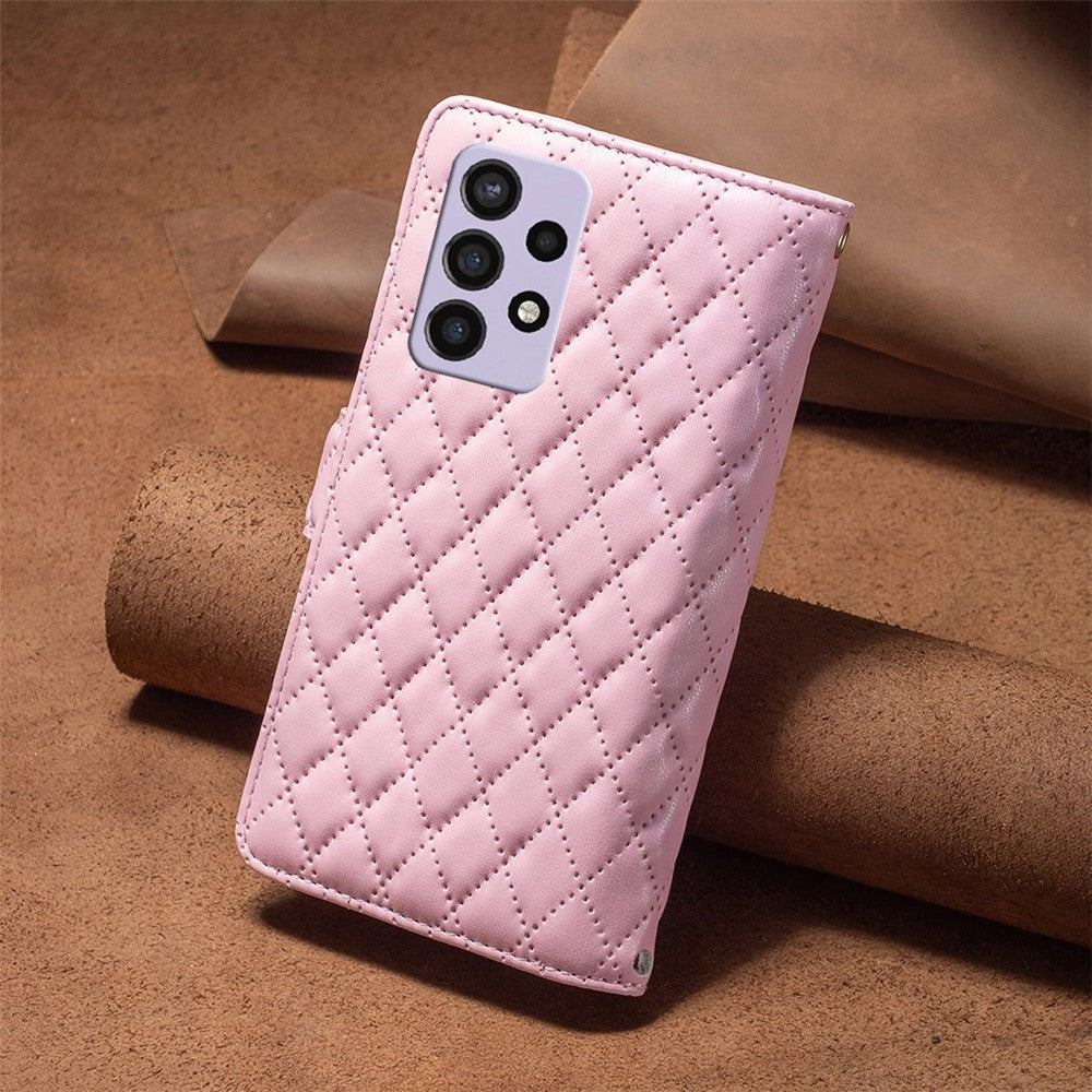 BINFEN COLOR för Samsung Galaxy A72 4G / 5G BF Style-15 Stöttåligt fodral med präglat rombmönster och dragkedja i ficka, stativ, matt PU-läder, plånboksfodral