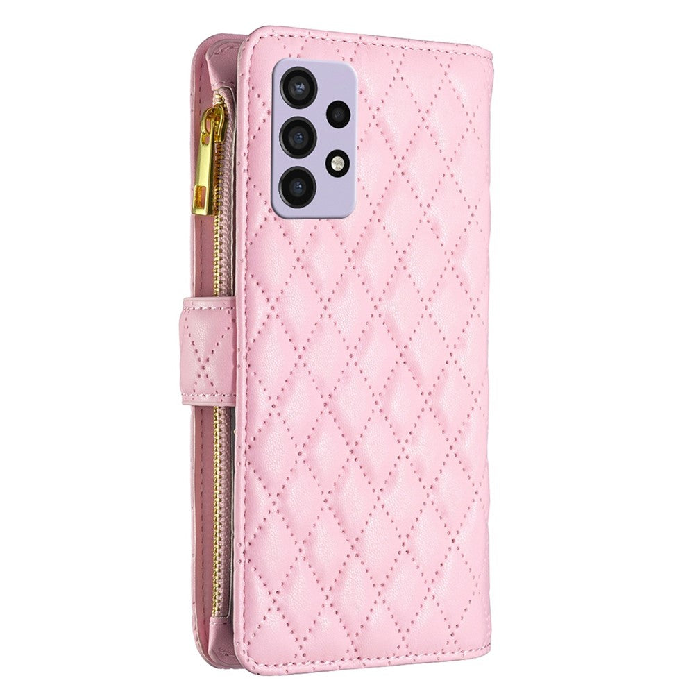 BINFEN COLOR för Samsung Galaxy A72 4G / 5G BF Style-15 Stöttåligt fodral med präglat rombmönster och dragkedja i ficka, stativ, matt PU-läder, plånboksfodral