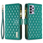 BINFEN COLOR för Samsung Galaxy A72 4G / 5G BF Style-15 Stöttåligt fodral med präglat rombmönster och dragkedja i ficka, stativ, matt PU-läder, plånboksfodral