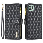 BINFEN COLOR for Samsung Galaxy A22 5G (EU Version) BF Style-15 Imprinted Rhombus Pattern Case with Zipper Pocket Horizontal Stand Matte PU Leather Wallet Cover