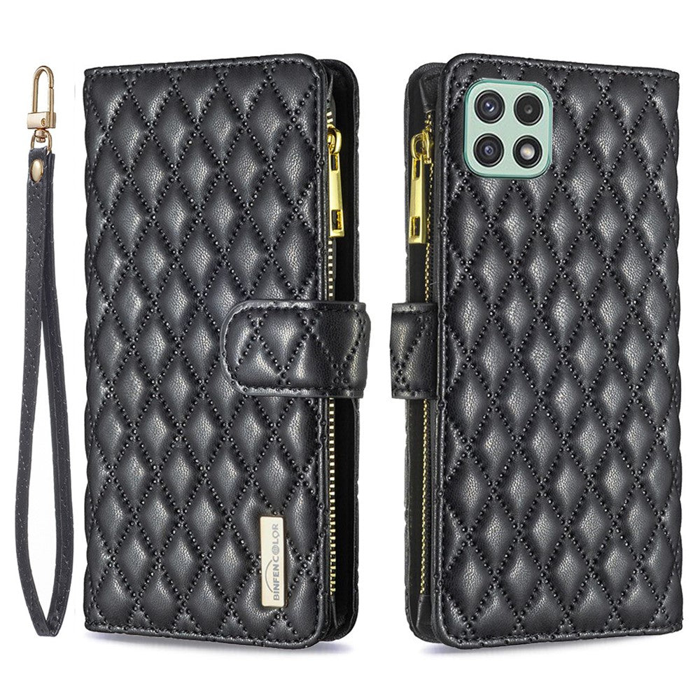 BINFEN COLOR for Samsung Galaxy A22 5G (EU Version) BF Style-15 Imprinted Rhombus Pattern Case with Zipper Pocket Horizontal Stand Matte PU Leather Wallet Cover
