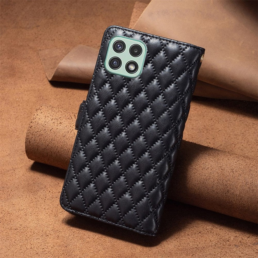 BINFEN COLOR for Samsung Galaxy A22 5G (EU Version) BF Style-15 Imprinted Rhombus Pattern Case with Zipper Pocket Horizontal Stand Matte PU Leather Wallet Cover
