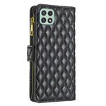BINFEN COLOR for Samsung Galaxy A22 5G (EU Version) BF Style-15 Imprinted Rhombus Pattern Case with Zipper Pocket Horizontal Stand Matte PU Leather Wallet Cover