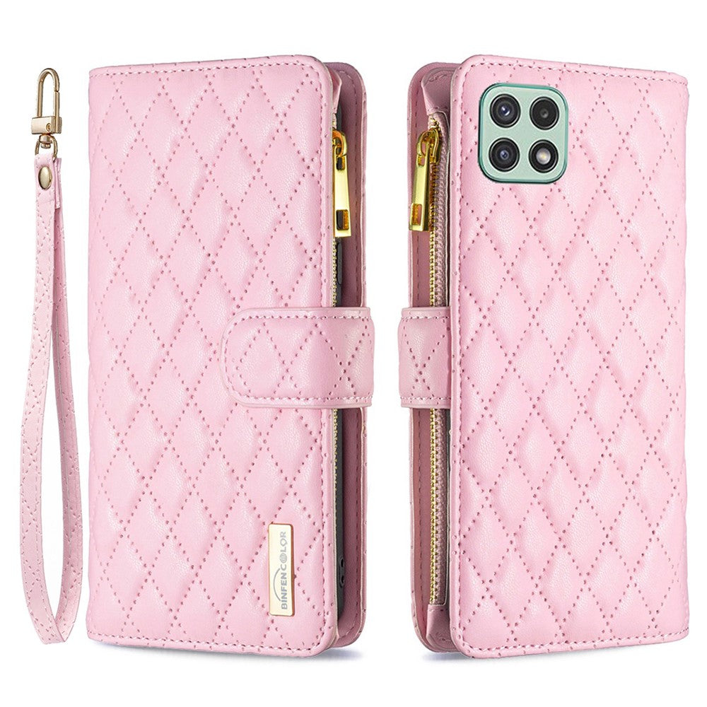 BINFEN COLOR for Samsung Galaxy A22 5G (EU Version) BF Style-15 Imprinted Rhombus Pattern Case with Zipper Pocket Horizontal Stand Matte PU Leather Wallet Cover