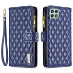 BINFEN COLOR for Samsung Galaxy A22 5G (EU Version) BF Style-15 Imprinted Rhombus Pattern Case with Zipper Pocket Horizontal Stand Matte PU Leather Wallet Cover