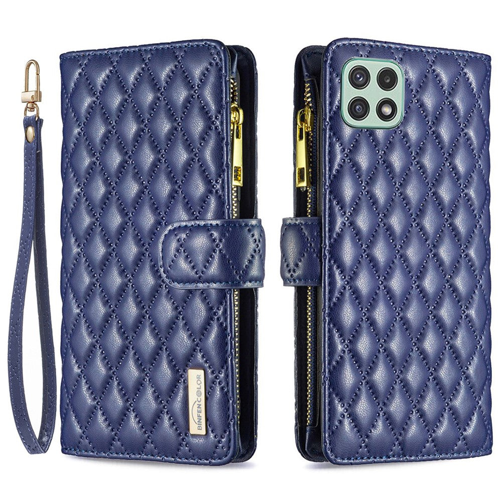 BINFEN COLOR for Samsung Galaxy A22 5G (EU Version) BF Style-15 Imprinted Rhombus Pattern Case with Zipper Pocket Horizontal Stand Matte PU Leather Wallet Cover