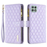 BINFEN COLOR for Samsung Galaxy A22 5G (EU Version) BF Style-15 Imprinted Rhombus Pattern Case with Zipper Pocket Horizontal Stand Matte PU Leather Wallet Cover