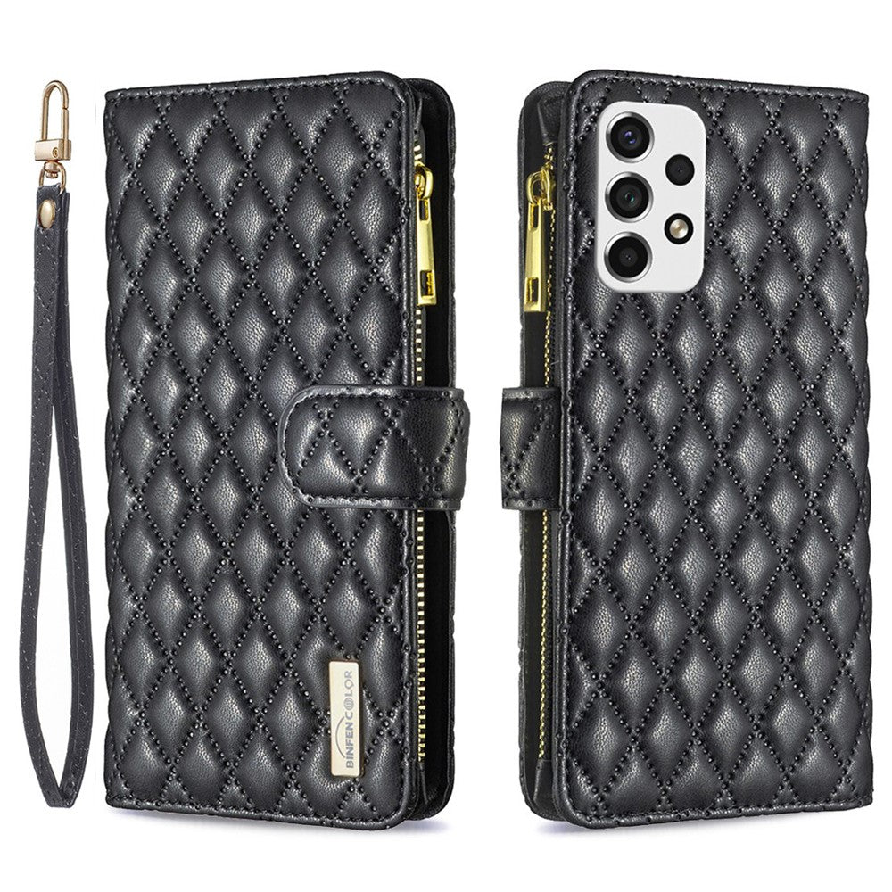 BINFEN COLOR for Samsung Galaxy A53 5G BF Style-15 Anti-drop Phone Cover with Zipper Pocket Feature Imprinted Rhombus Pattern Matte PU Leather Wallet Case