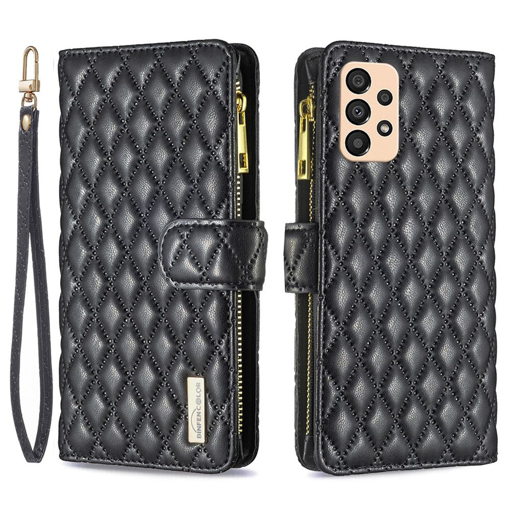 BINFEN COLOR BF Style-15-mobilcover til Samsung Galaxy A33 5G, faldsikkert PU-lædercover med lynlåslomme, præget diamantmønster, mat fliplåg og stativ