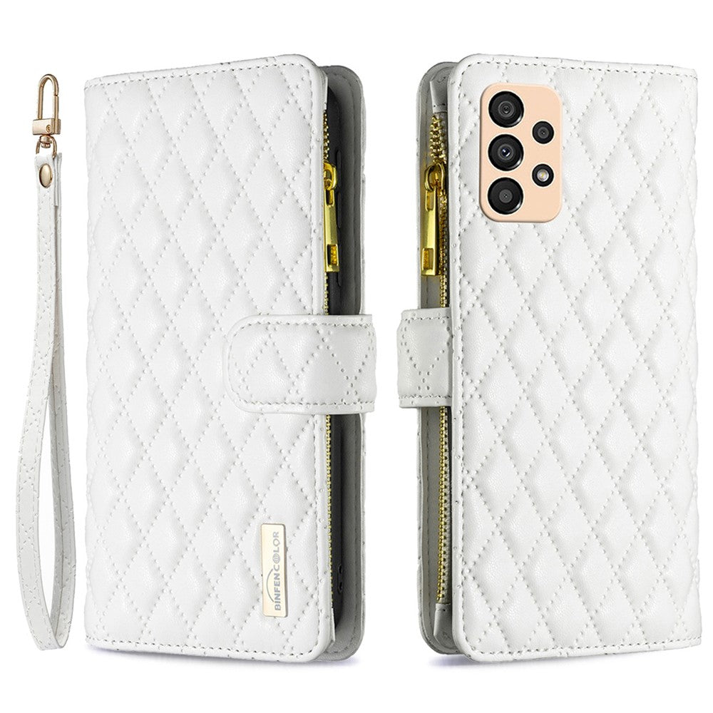 BINFEN COLOR BF Style-15-mobilcover til Samsung Galaxy A33 5G, faldsikkert PU-lædercover med lynlåslomme, præget diamantmønster, mat fliplåg og stativ