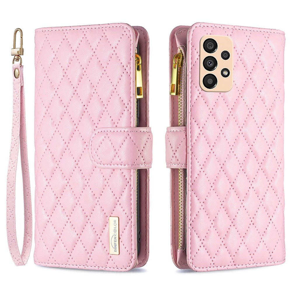 BINFEN COLOR BF Style-15-mobilcover til Samsung Galaxy A33 5G, faldsikkert PU-lædercover med lynlåslomme, præget diamantmønster, mat fliplåg og stativ