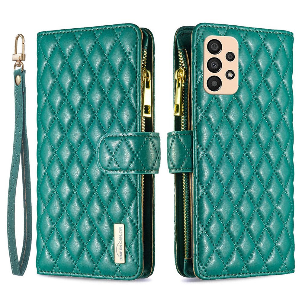 BINFEN COLOR BF Style-15-mobilcover til Samsung Galaxy A33 5G, faldsikkert PU-lædercover med lynlåslomme, præget diamantmønster, mat fliplåg og stativ