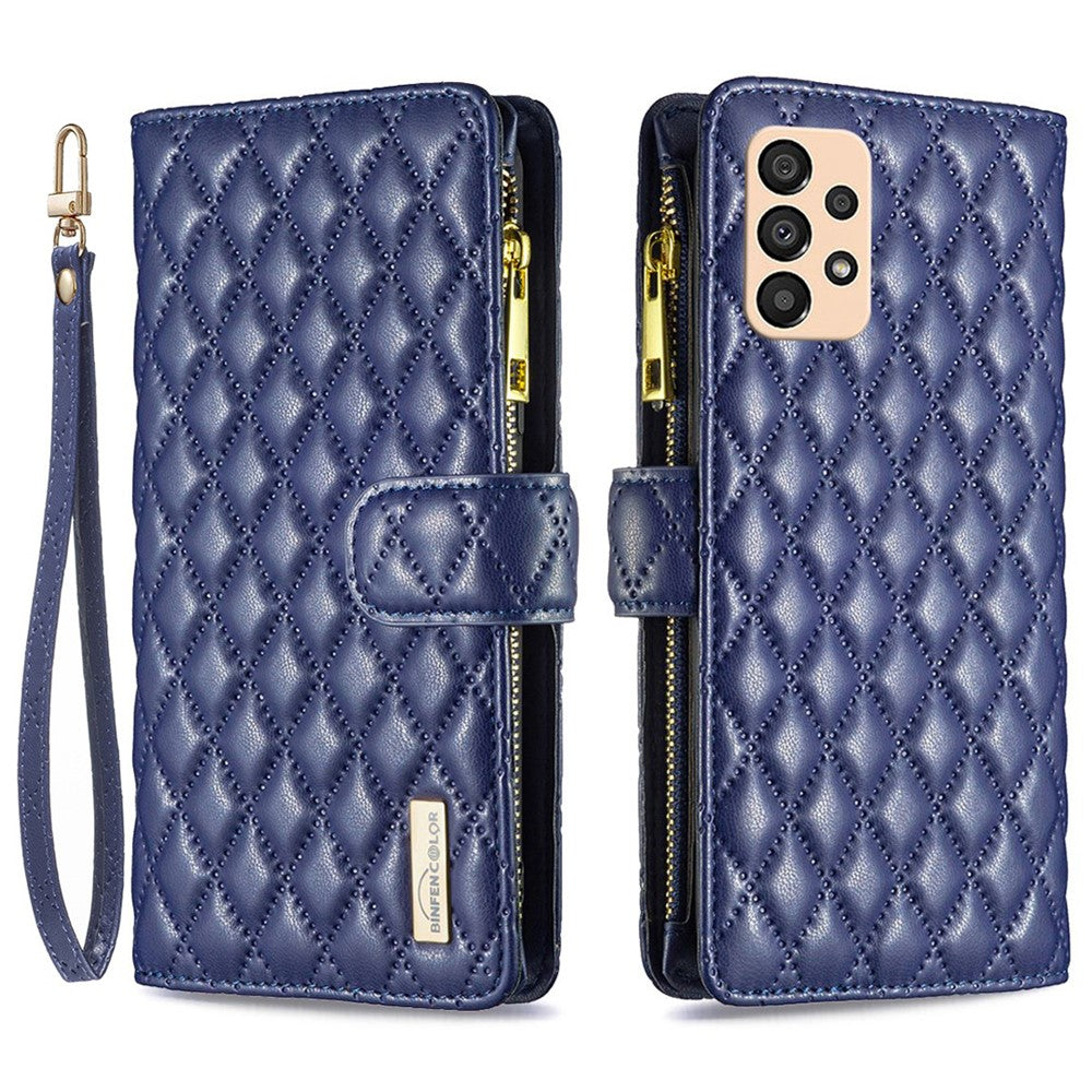 BINFEN COLOR BF Style-15-mobilcover til Samsung Galaxy A33 5G, faldsikkert PU-lædercover med lynlåslomme, præget diamantmønster, mat fliplåg og stativ