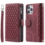 Til iPhone 12 Pro Max 6,7 tommer 005 Rhombus gittermønstret lynlåslomme PU-læder standerpung cover med rem