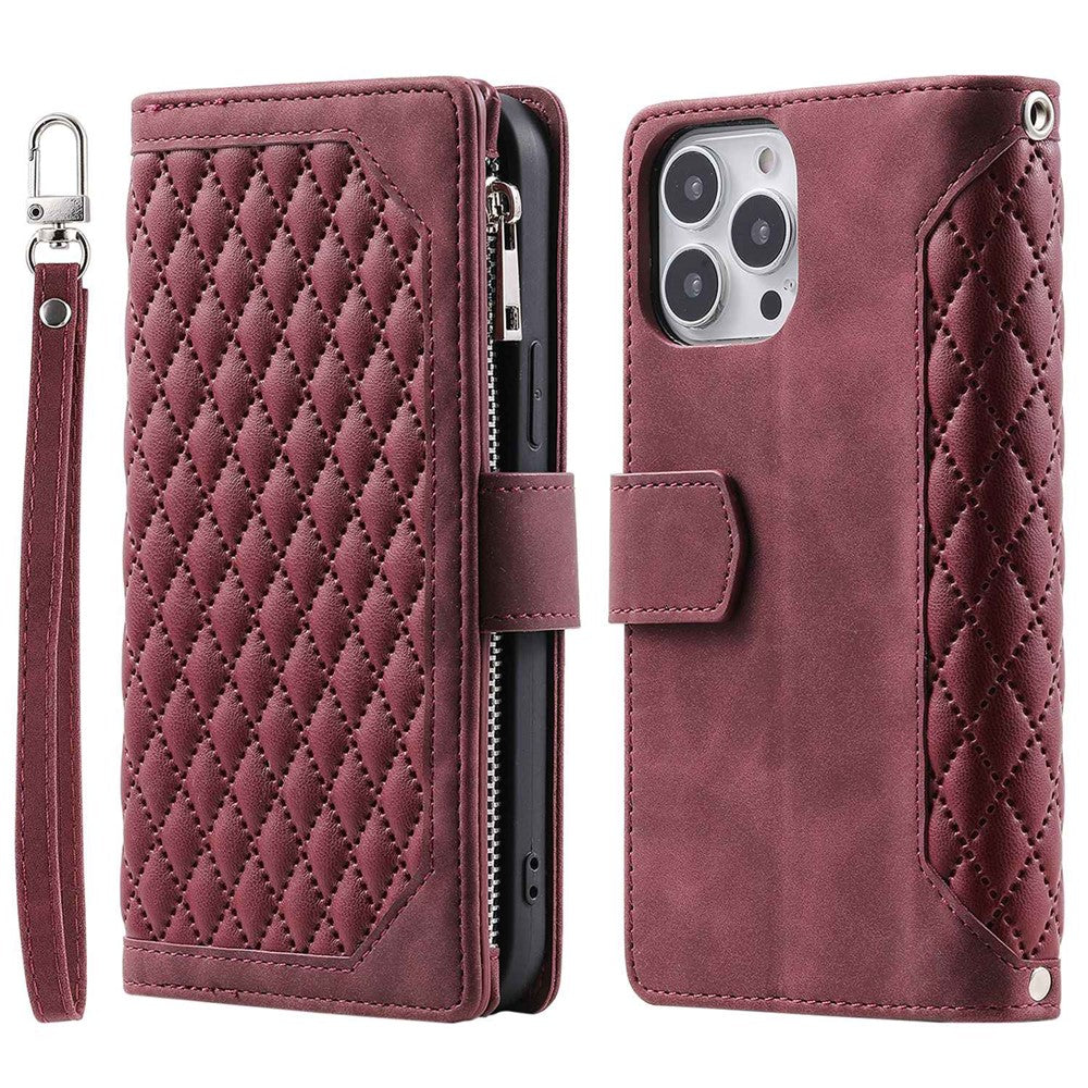 Til iPhone 12 Pro Max 6,7 tommer 005 Rhombus gittermønstret lynlåslomme PU-læder standerpung cover med rem