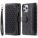 Til iPhone 12 Pro Max 6,7 tommer 005 Rhombus gittermønstret lynlåslomme PU-læder standerpung cover med rem
