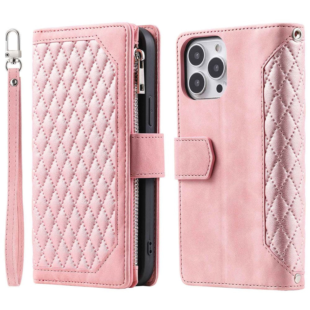 Til iPhone 12 Pro Max 6,7 tommer 005 Rhombus gittermønstret lynlåslomme PU-læder standerpung cover med rem