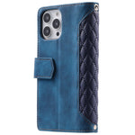005 Mobile Phone Cover for iPhone 14 Pro Max 6.7 inch, Handy Strap Rhombus Grid Textured PU Leather Zipper Pocket Stand Wallet Case