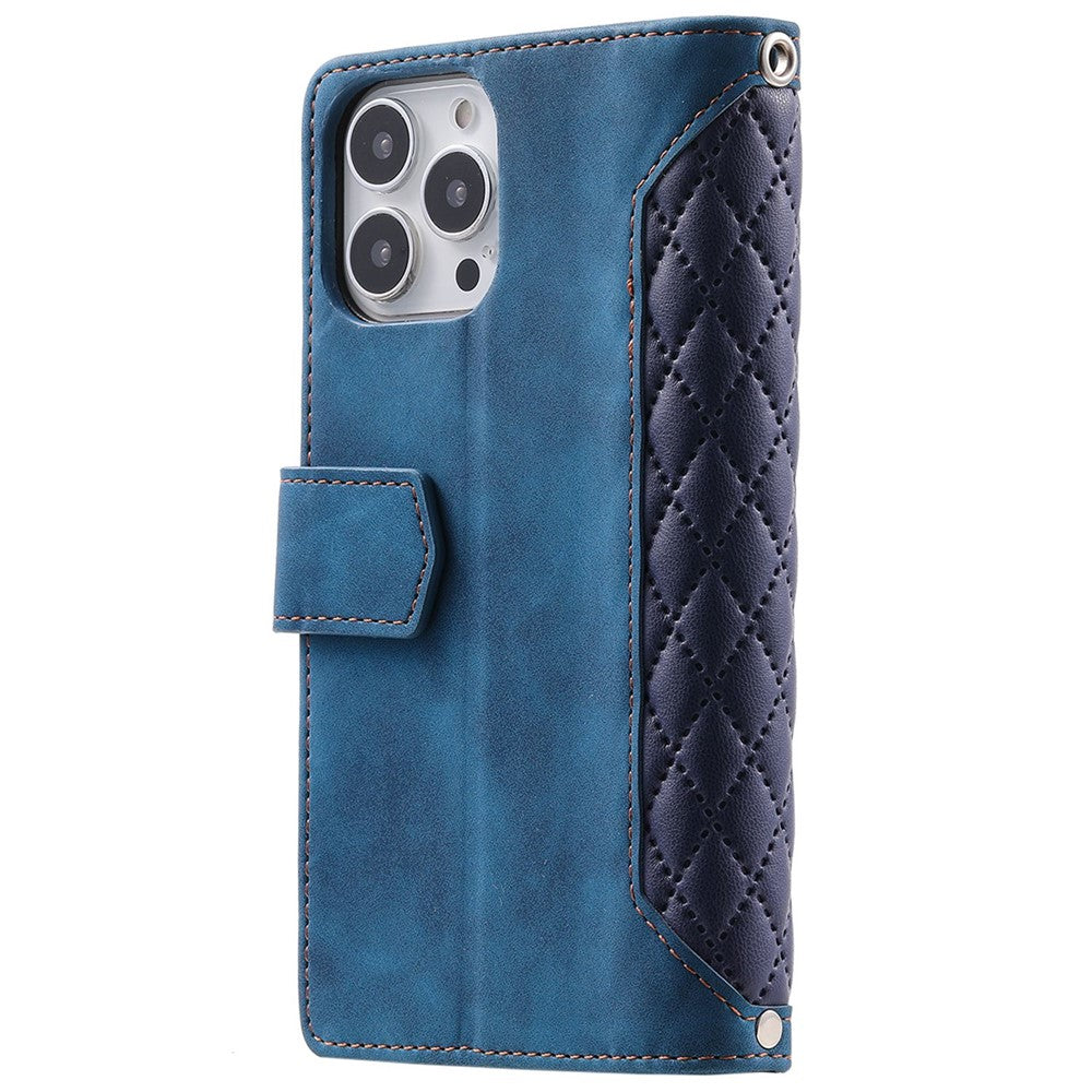 005 Mobile Phone Cover for iPhone 14 Pro Max 6.7 inch, Handy Strap Rhombus Grid Textured PU Leather Zipper Pocket Stand Wallet Case