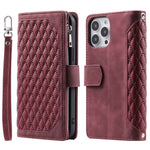 005 Mobile Phone Cover for iPhone 14 Pro Max 6.7 inch, Handy Strap Rhombus Grid Textured PU Leather Zipper Pocket Stand Wallet Case