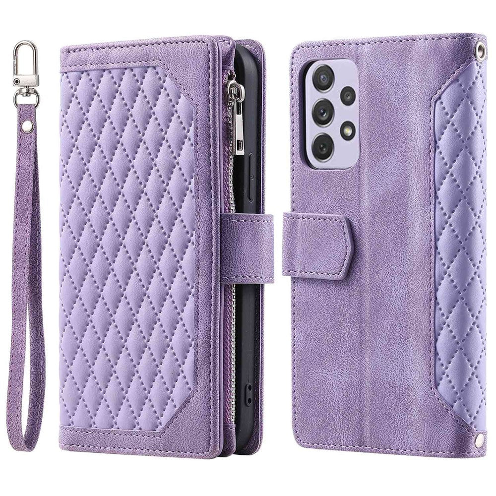 005-mobilcover til Samsung Galaxy A52s 5G / A52 5G / 4G, tekstureret PU-lædercover med rombisk gitter, lynlåslomme, stativ, pung og rem