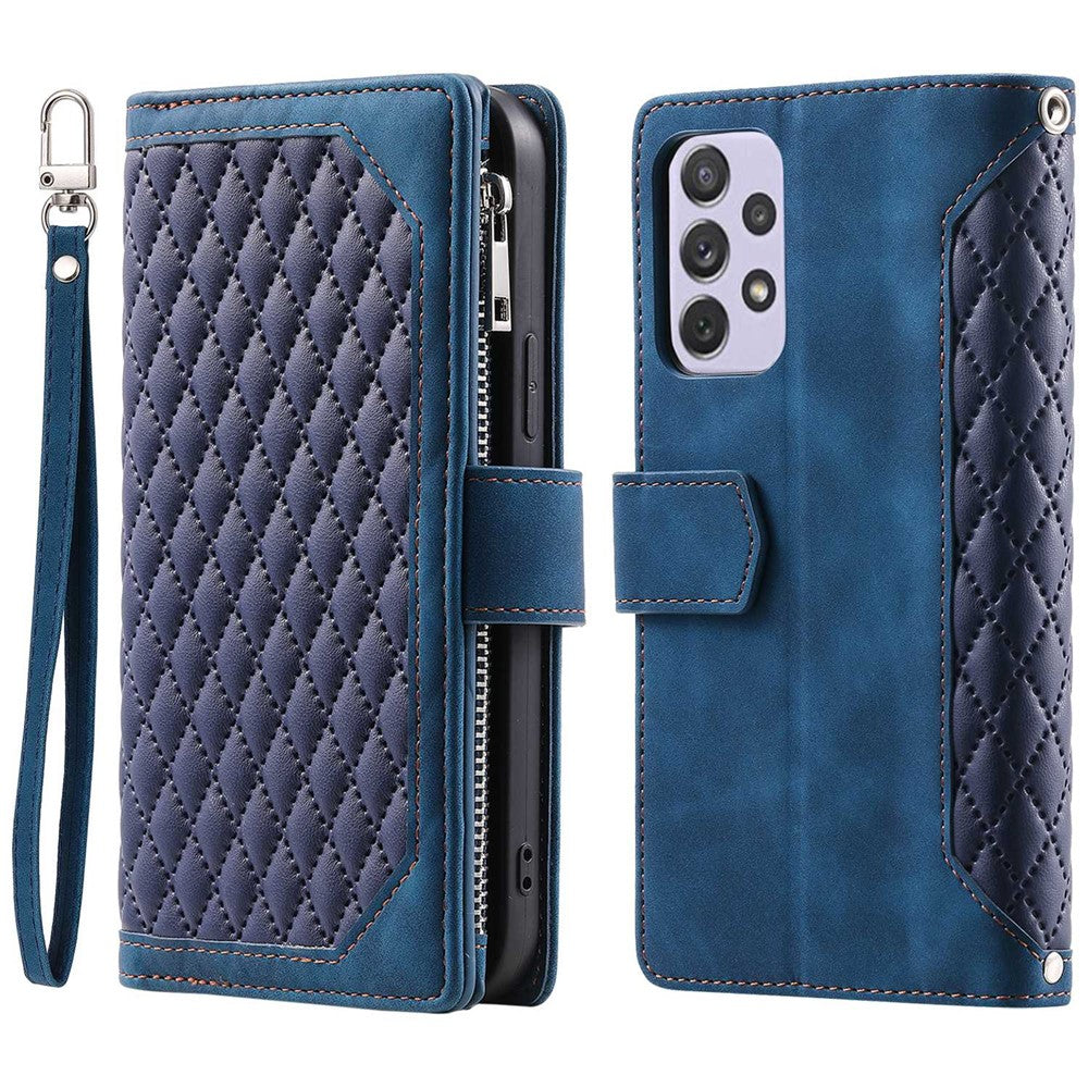 Samsung Galaxy A33 5G 005 Reptåligt Rhombus Grid Texture PU Läder Dragkedja Ficka Stativ Plånboksfodral Skal