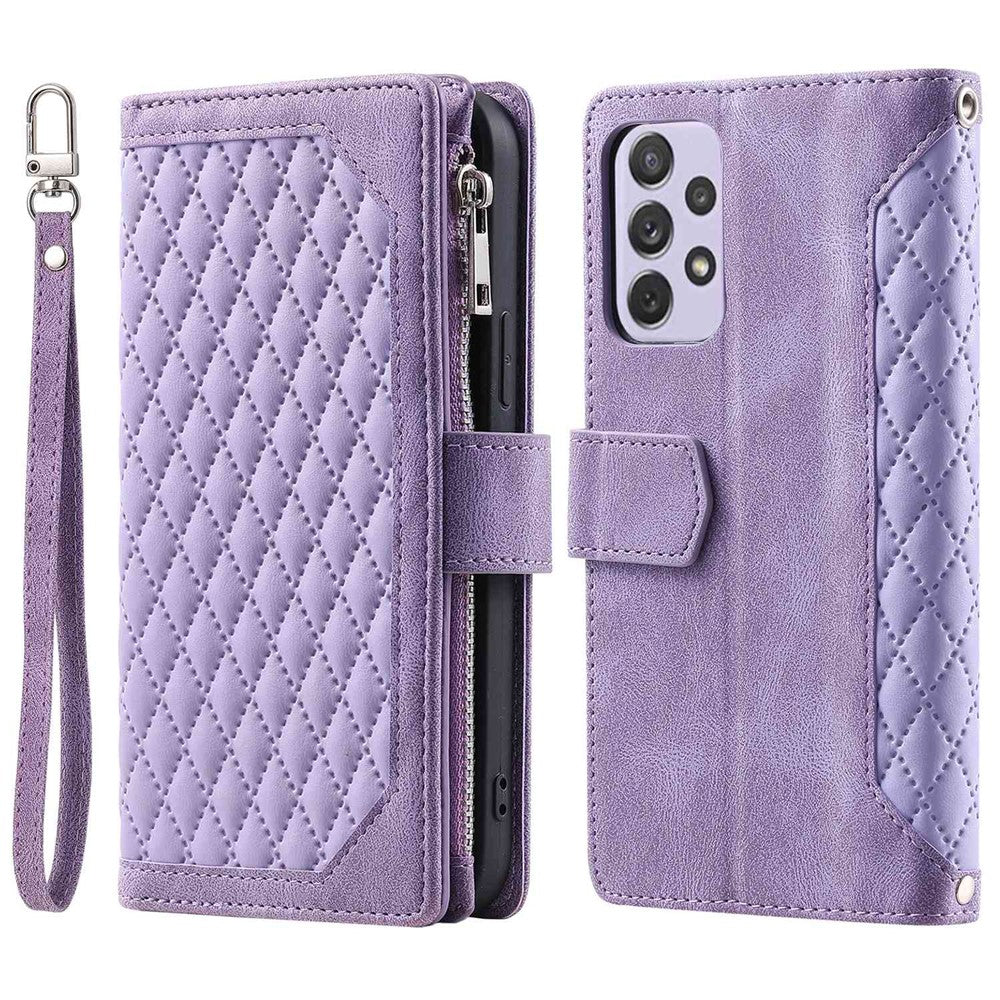 Samsung Galaxy A33 5G 005 Reptåligt Rhombus Grid Texture PU Läder Dragkedja Ficka Stativ Plånboksfodral Skal