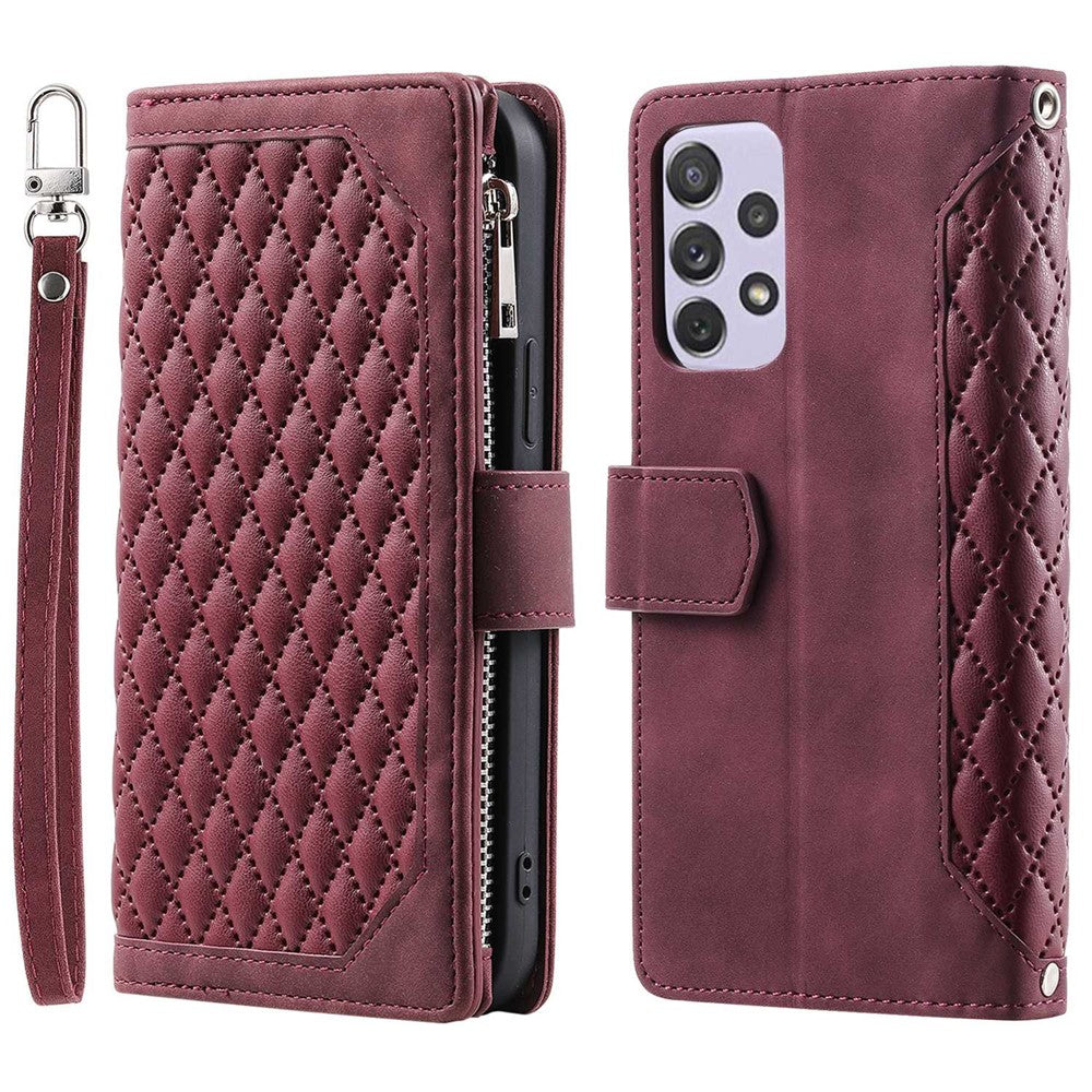 Samsung Galaxy A33 5G 005 Reptåligt Rhombus Grid Texture PU Läder Dragkedja Ficka Stativ Plånboksfodral Skal