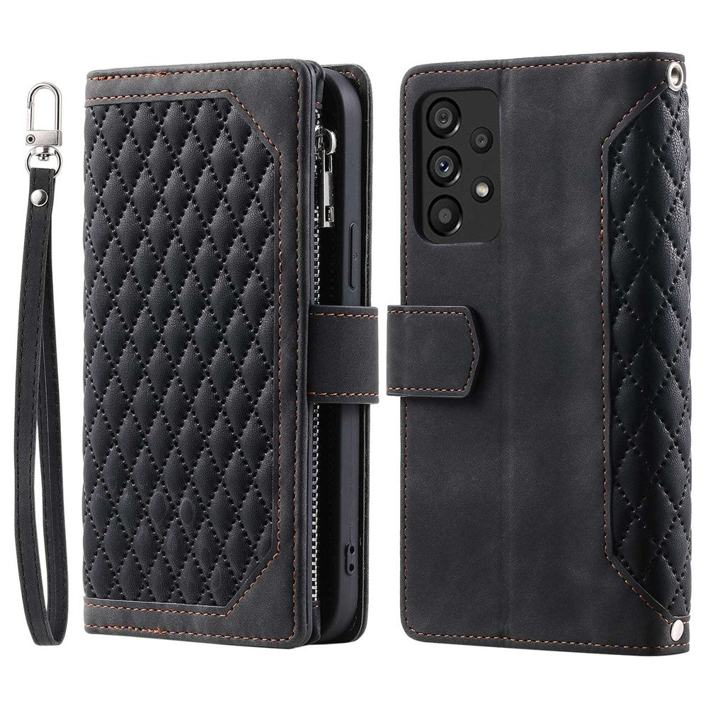 005 Style Phone Protective Cover for Samsung Galaxy A53 5G, Rhombus Texture PU Leather Zipper Pocket Stand Wallet Case with Wrist Strap