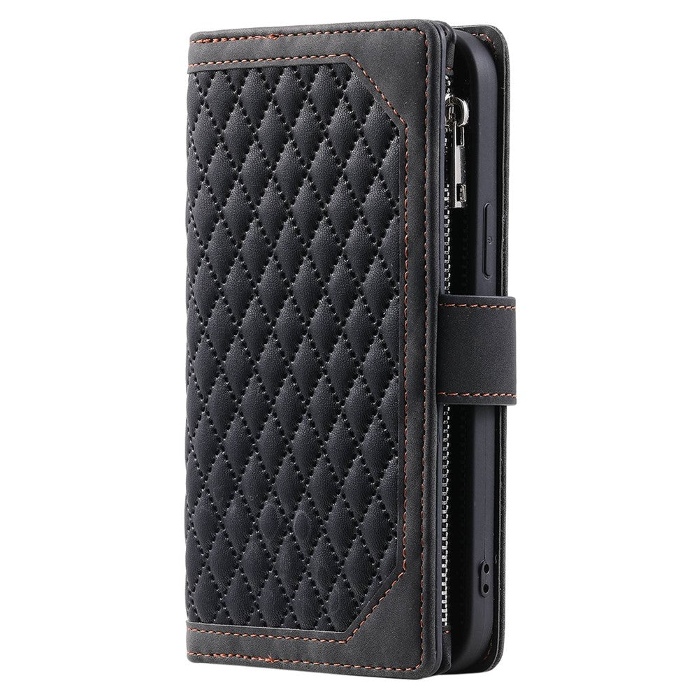 005 Style Phone Protective Cover for Samsung Galaxy A53 5G, Rhombus Texture PU Leather Zipper Pocket Stand Wallet Case with Wrist Strap