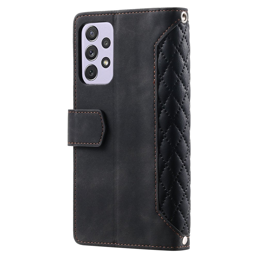 005 Stil til Samsung Galaxy A72 4G / 5G Lynlåslomme Design Rhombetekstur Telefoncover PU Læder Stativ Pung Beskyttelsesetui med Håndrem