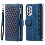 005 Stil til Samsung Galaxy A72 4G / 5G Lynlåslomme Design Rhombetekstur Telefoncover PU Læder Stativ Pung Beskyttelsesetui med Håndrem