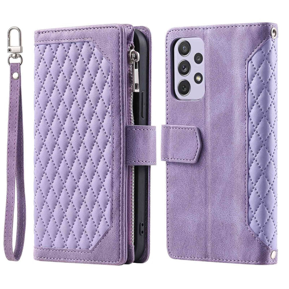 005 Stil til Samsung Galaxy A72 4G / 5G Lynlåslomme Design Rhombetekstur Telefoncover PU Læder Stativ Pung Beskyttelsesetui med Håndrem