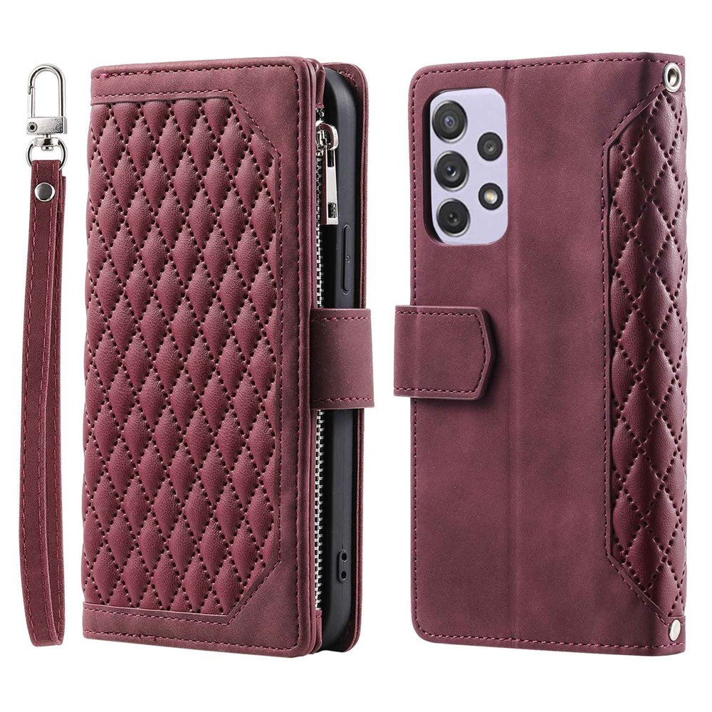 005 Stil til Samsung Galaxy A72 4G / 5G Lynlåslomme Design Rhombetekstur Telefoncover PU Læder Stativ Pung Beskyttelsesetui med Håndrem