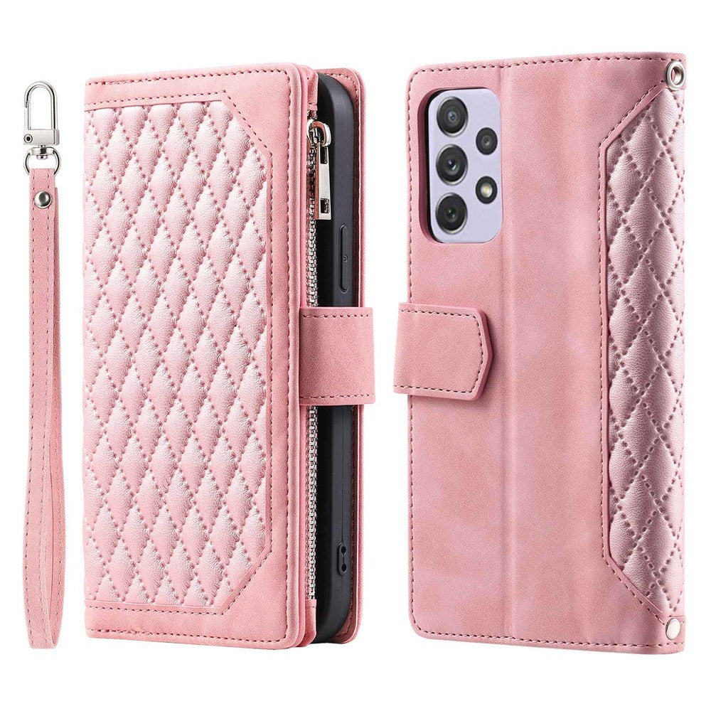 005 Stil til Samsung Galaxy A72 4G / 5G Lynlåslomme Design Rhombetekstur Telefoncover PU Læder Stativ Pung Beskyttelsesetui med Håndrem