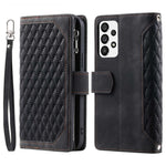 005 Stil til Samsung Galaxy A73 5G Rhombus Tekstur Smartphone Cover PU Læder Lynlås Lomme Stand Pung Stødsikkert Etui med Rem