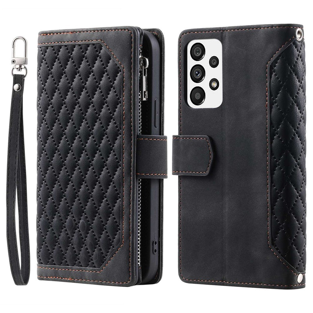 005 Stil til Samsung Galaxy A73 5G Rhombus Tekstur Smartphone Cover PU Læder Lynlås Lomme Stand Pung Stødsikkert Etui med Rem
