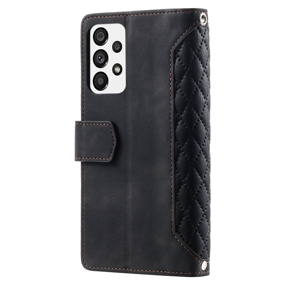 005 Stil til Samsung Galaxy A73 5G Rhombus Tekstur Smartphone Cover PU Læder Lynlås Lomme Stand Pung Stødsikkert Etui med Rem