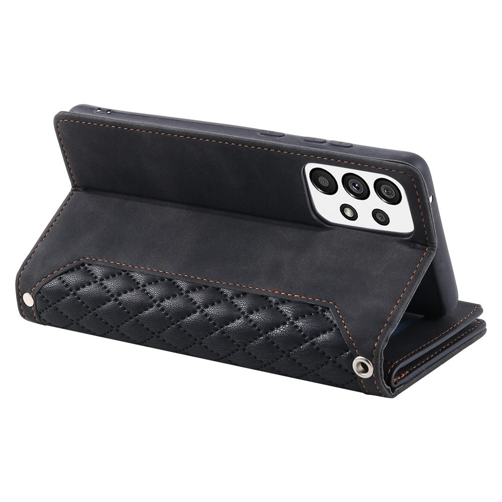 005 Stil til Samsung Galaxy A73 5G Rhombus Tekstur Smartphone Cover PU Læder Lynlås Lomme Stand Pung Stødsikkert Etui med Rem
