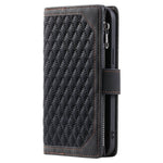 005 Stil til Samsung Galaxy A73 5G Rhombus Tekstur Smartphone Cover PU Læder Lynlås Lomme Stand Pung Stødsikkert Etui med Rem