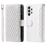 005 Stil til Samsung Galaxy A73 5G Rhombus Tekstur Smartphone Cover PU Læder Lynlås Lomme Stand Pung Stødsikkert Etui med Rem