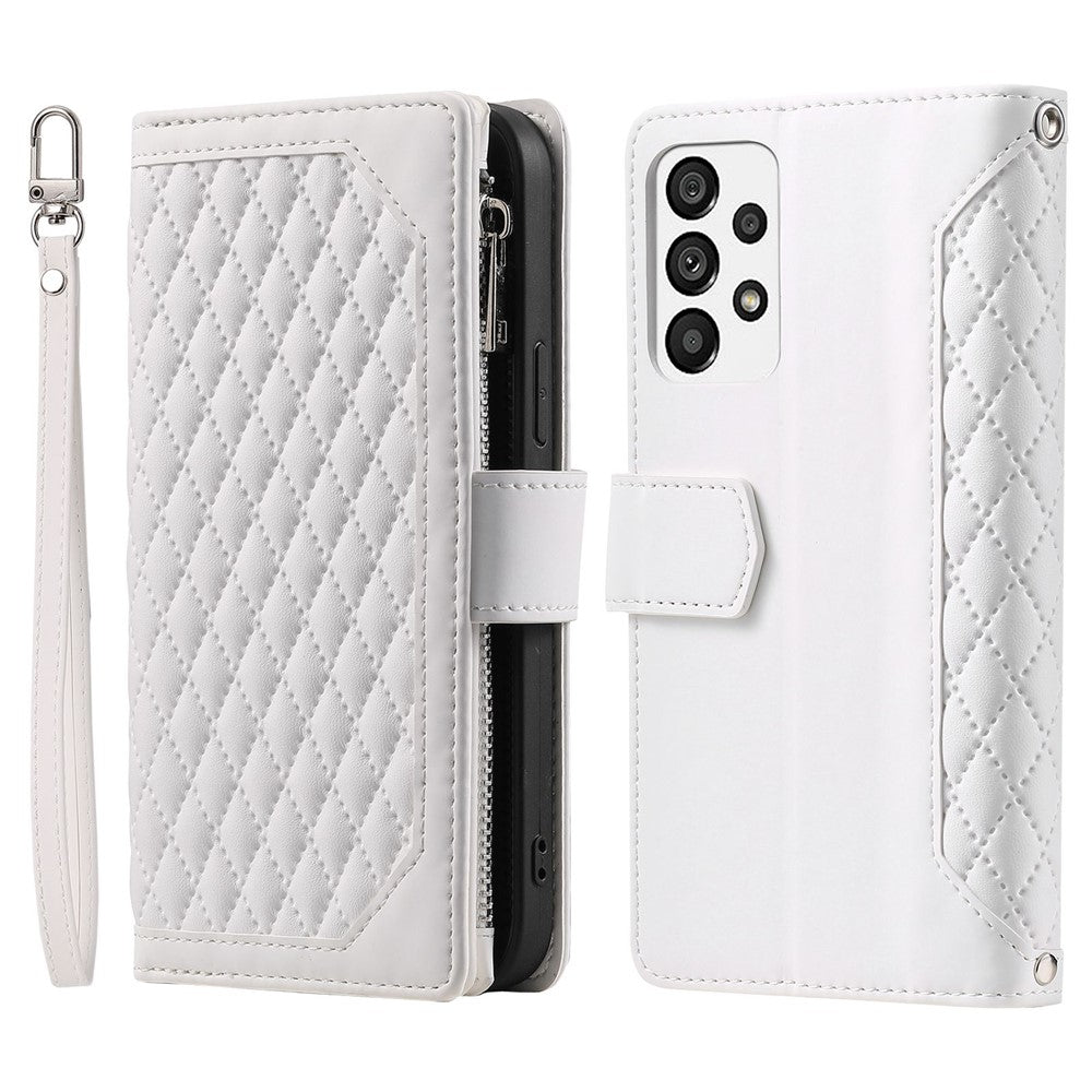 005 Stil til Samsung Galaxy A73 5G Rhombus Tekstur Smartphone Cover PU Læder Lynlås Lomme Stand Pung Stødsikkert Etui med Rem