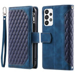 005 Stil til Samsung Galaxy A73 5G Rhombus Tekstur Smartphone Cover PU Læder Lynlås Lomme Stand Pung Stødsikkert Etui med Rem