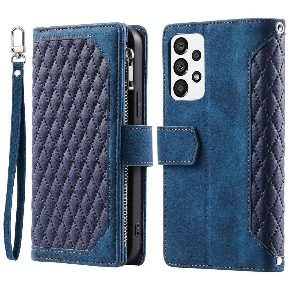 005 Stil til Samsung Galaxy A73 5G Rhombus Tekstur Smartphone Cover PU Læder Lynlås Lomme Stand Pung Stødsikkert Etui med Rem