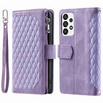 005 Stil til Samsung Galaxy A73 5G Rhombus Tekstur Smartphone Cover PU Læder Lynlås Lomme Stand Pung Stødsikkert Etui med Rem